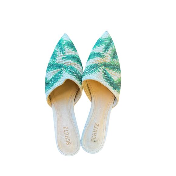 SCHUTZ Elvan Palm Sandal Slides Size 8.5 Anthropologie EUC Raffia $99 MSRP - Picture 6 of 9